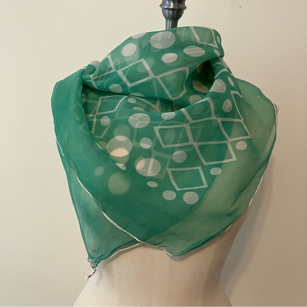 VTG  Burmel Chiffon Square Scarf Dot Square Soft Mint Green And White 27in